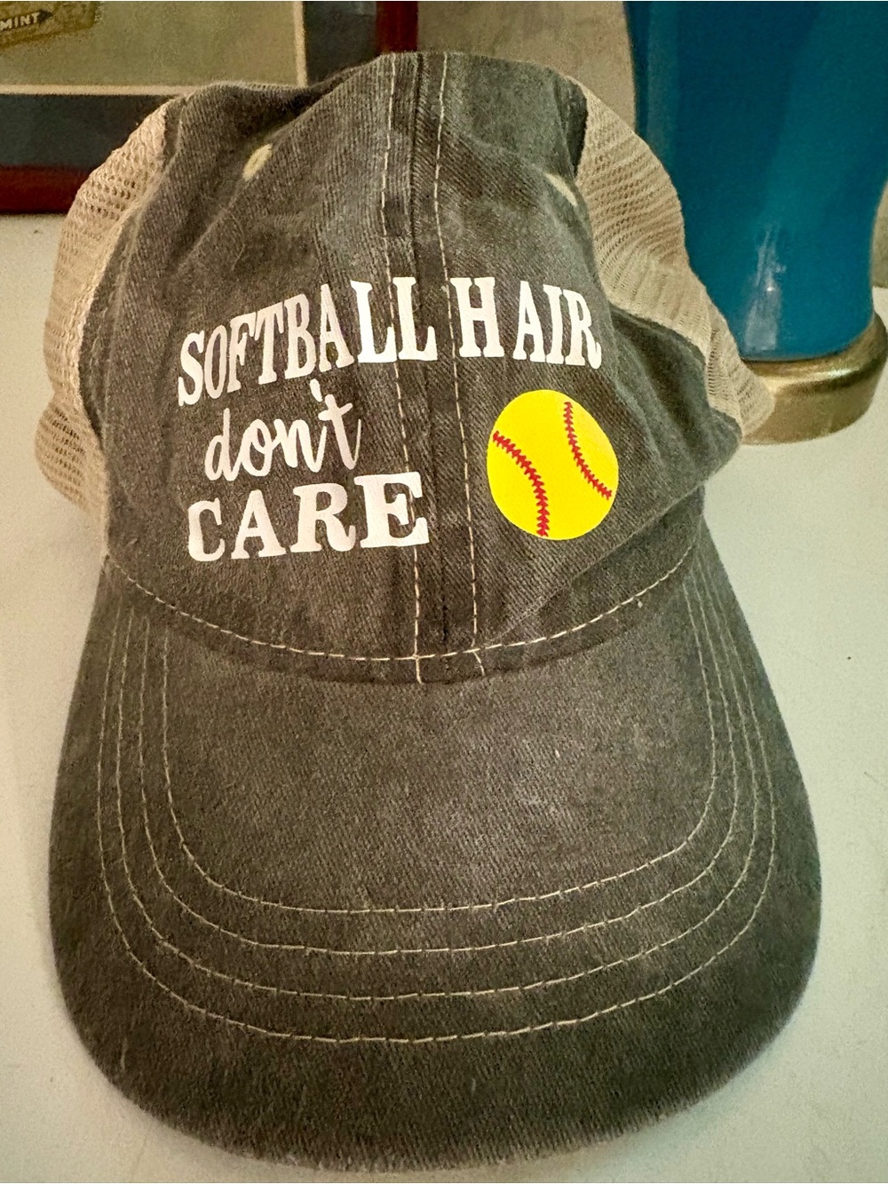 Softball Hair Don't Care Baseball Cap - Gray
